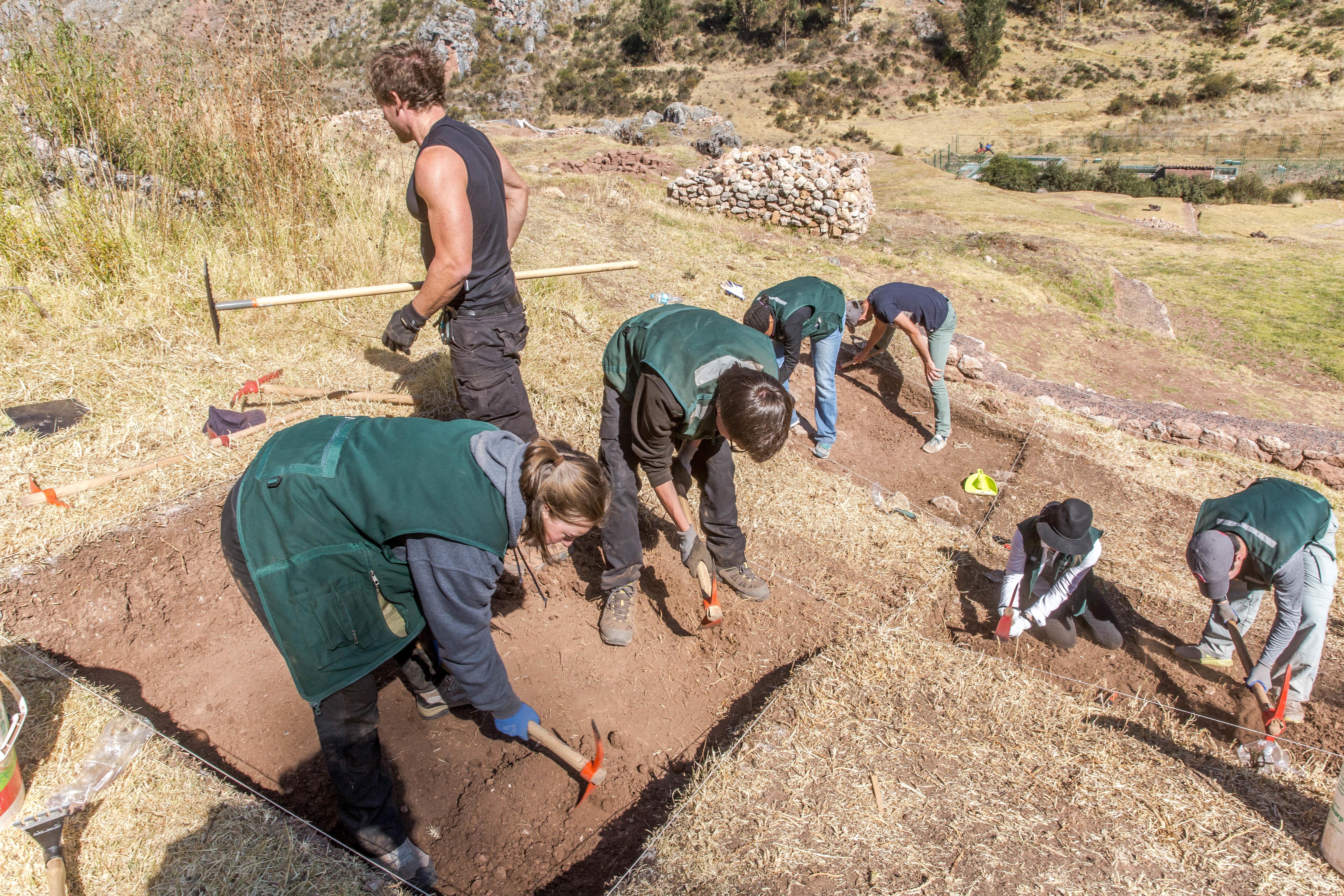 A group of volunteers with Projects Abroad during a dig whilst on their archaeology volunteering work in Peru. Projects Abroad volunteers are seen participating in an excavation project whilst on their archaeology volunteering in Peru.